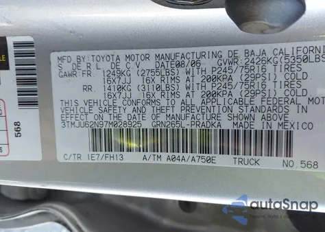 2007 Toyota Tacoma Prerunner V6 from USA, damaged, VIN 3TMJU62N97M028925